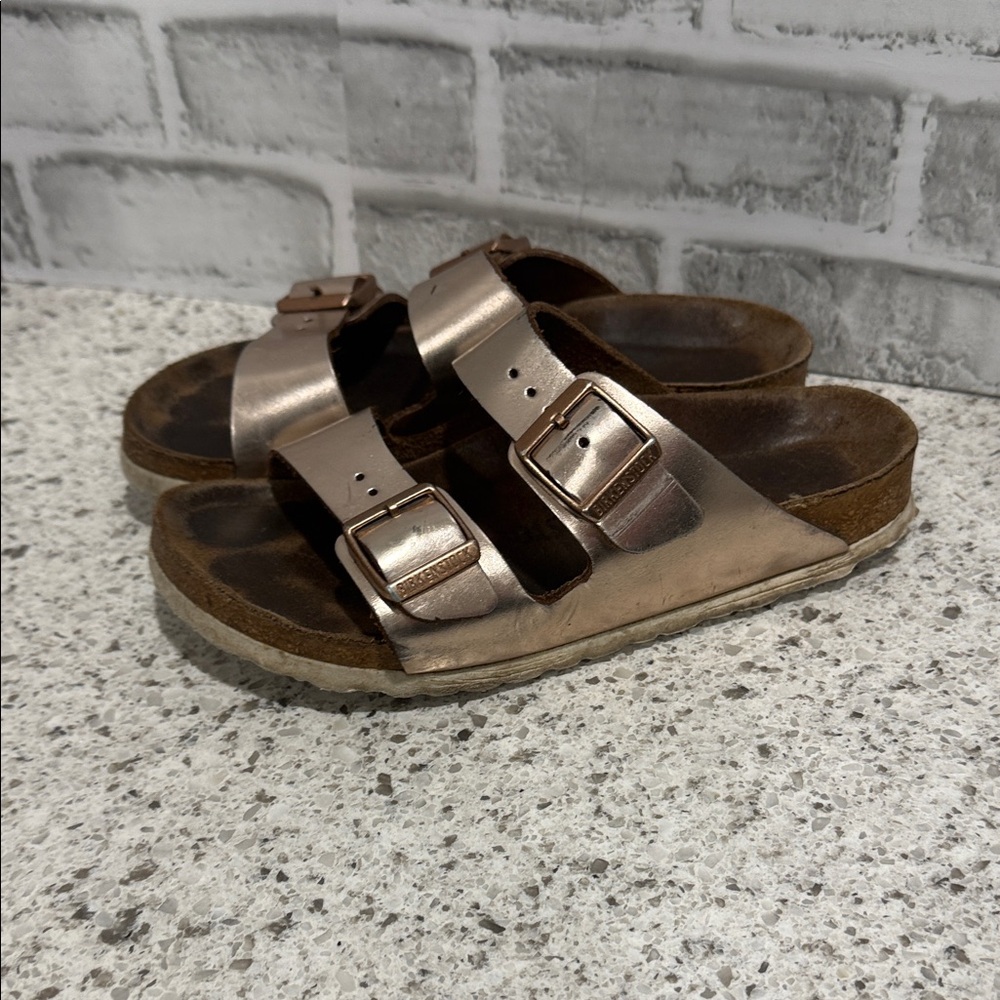 Birkenstock Metallic Rose Gold Sandals with Buckles